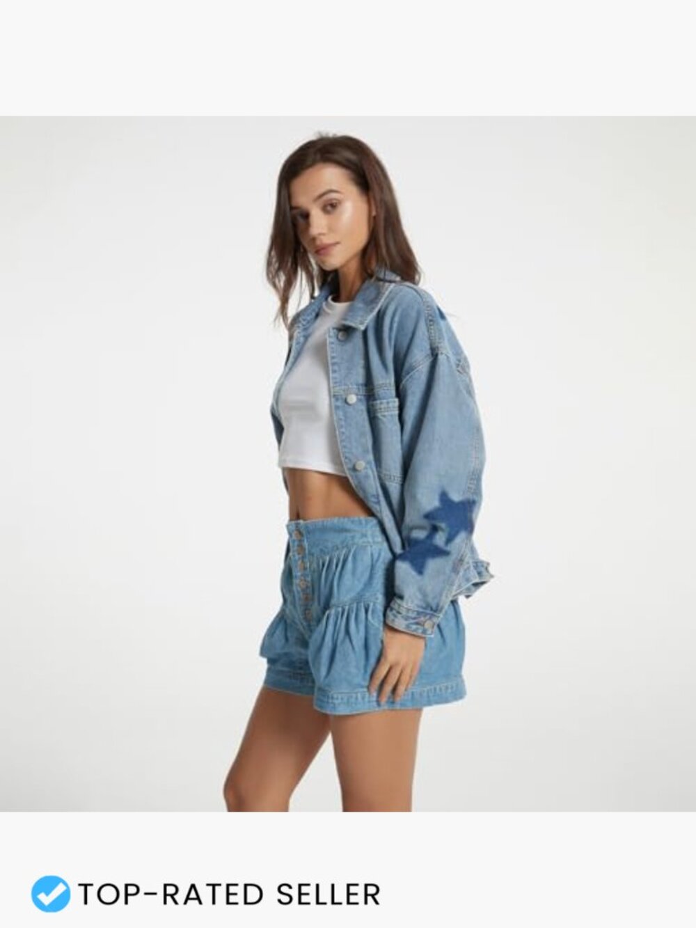 Oversized Denim Jacket Vintage Boyfriend Style Leopard Stars Printed with - Picture 4 of 7
